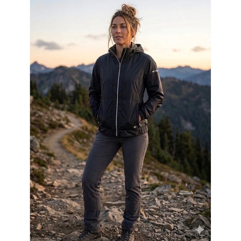 Columbia Womens Omni-Shield Black Hooded Windbreaker Jacket Shell Large L